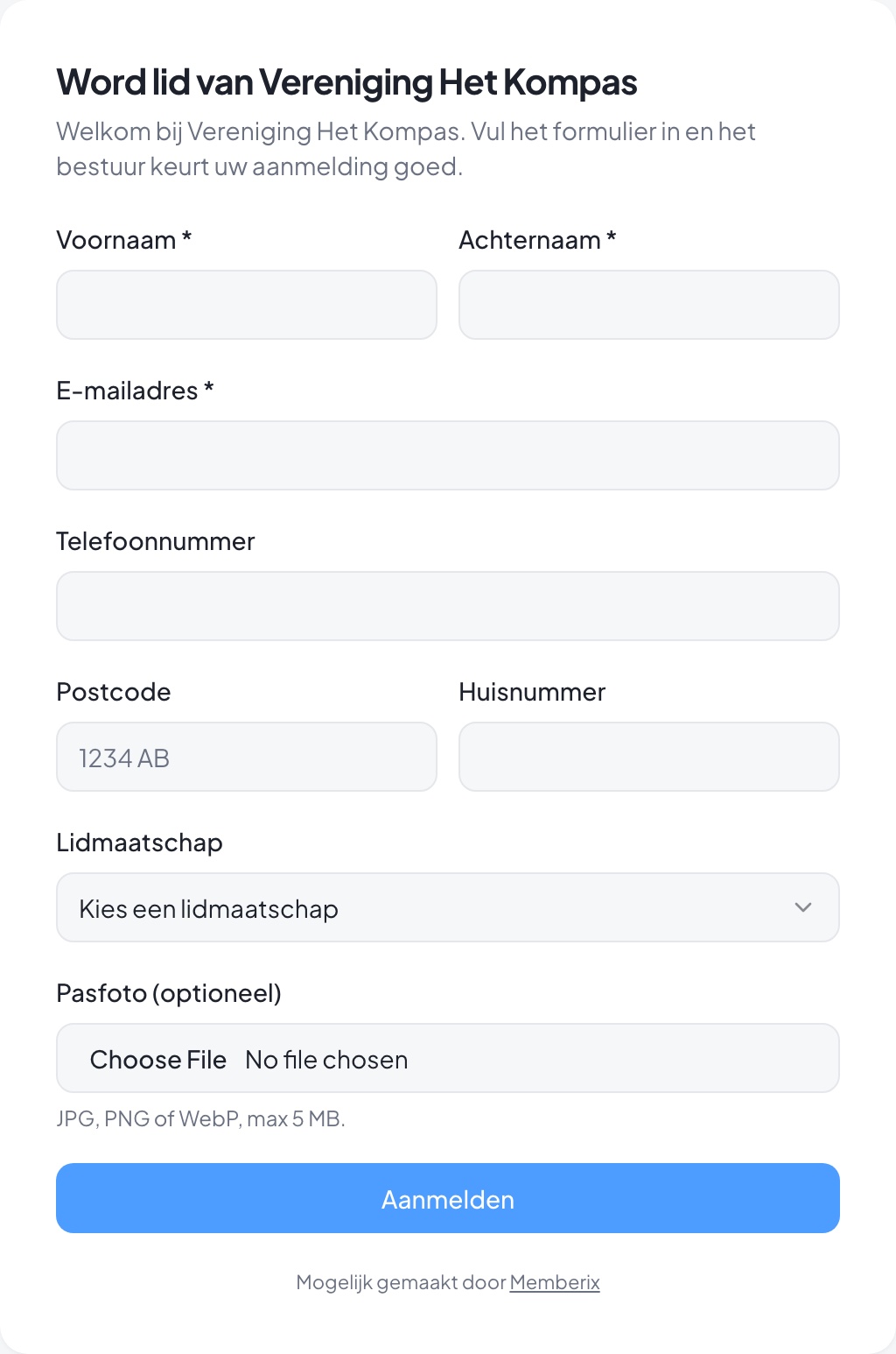 Publiek aanmeldformulier widget van Memberix